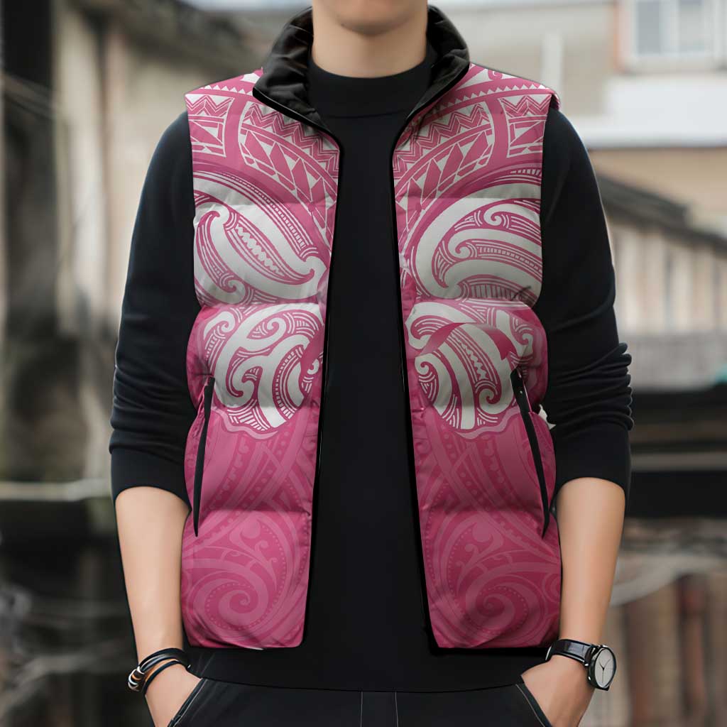New Zealand Breast Cancer Awareness Sleeveless Puffer Jacket Maori Butterfly Pink Ribbon - Aussie Hoodie