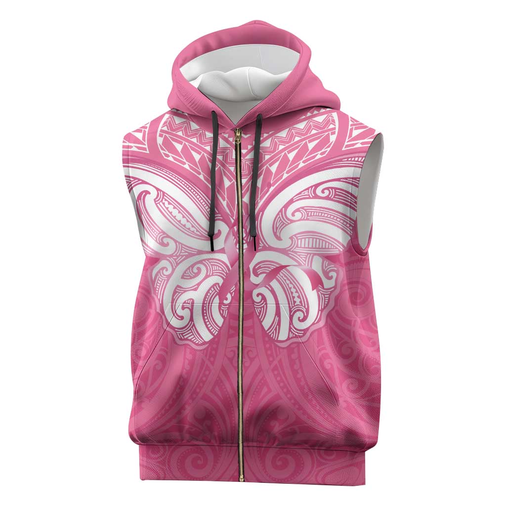 New Zealand Breast Cancer Awareness Sleeveless Zip Hoodie Maori Butterfly Pink Ribbon - Aussie Hoodie