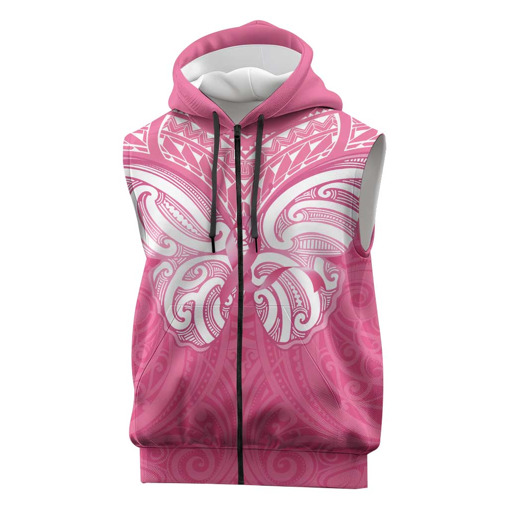 New Zealand Breast Cancer Awareness Sleeveless Zip Hoodie Maori Butterfly Pink Ribbon LT14