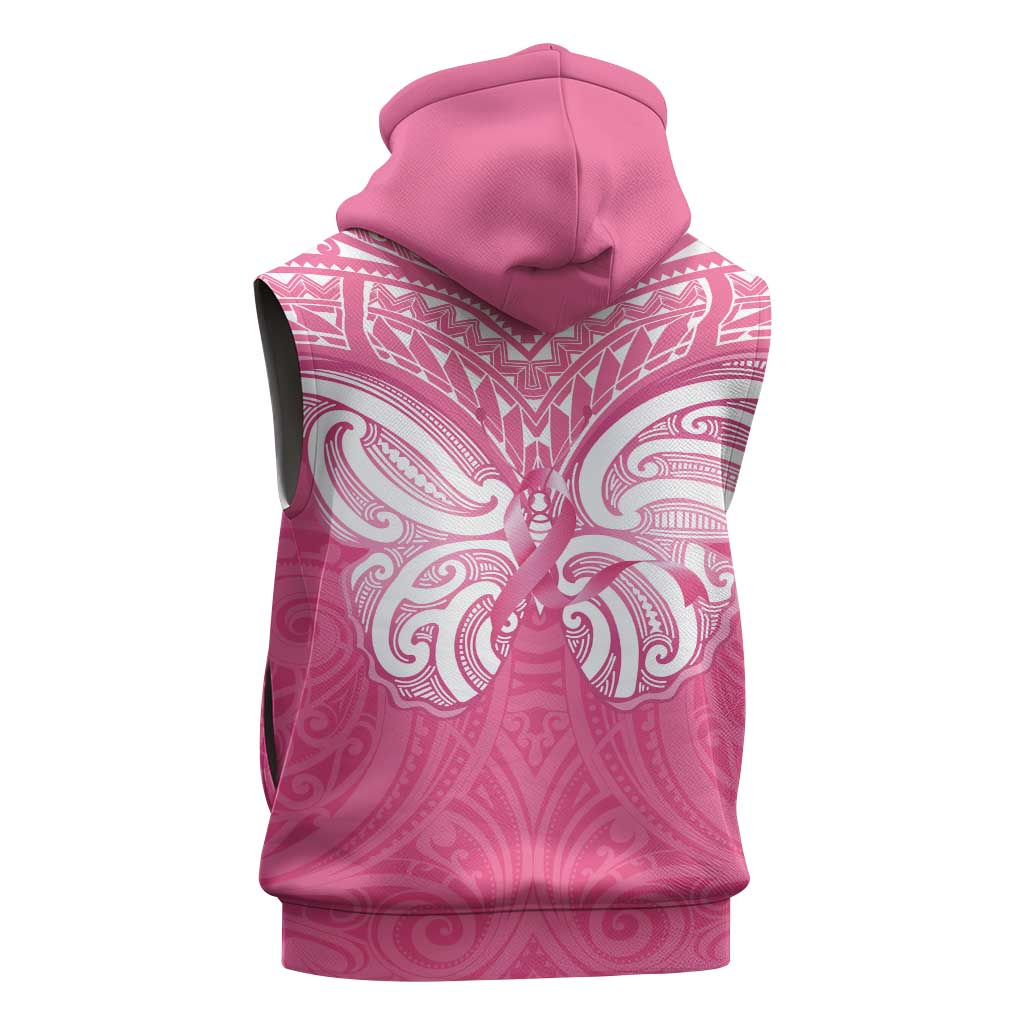New Zealand Breast Cancer Awareness Sleeveless Zip Hoodie Maori Butterfly Pink Ribbon - Aussie Hoodie