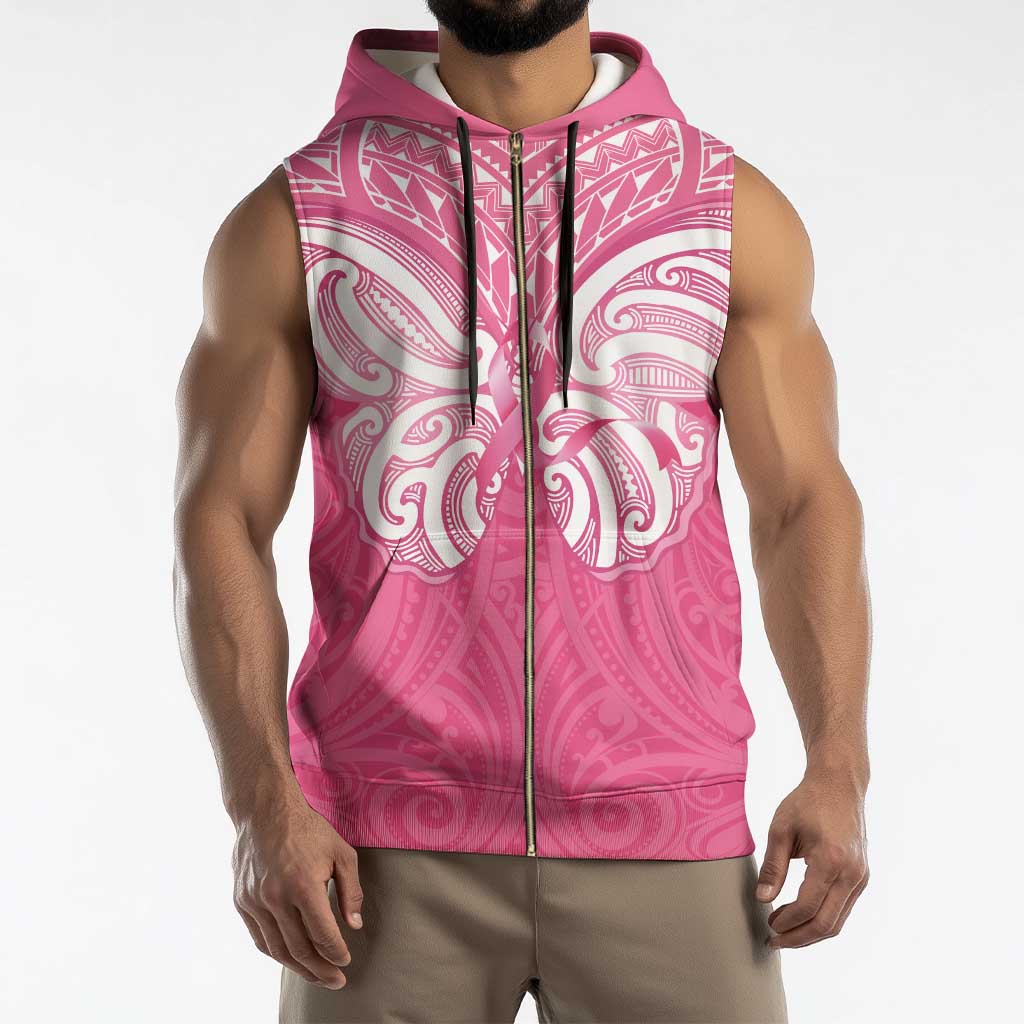 New Zealand Breast Cancer Awareness Sleeveless Zip Hoodie Maori Butterfly Pink Ribbon - Aussie Hoodie