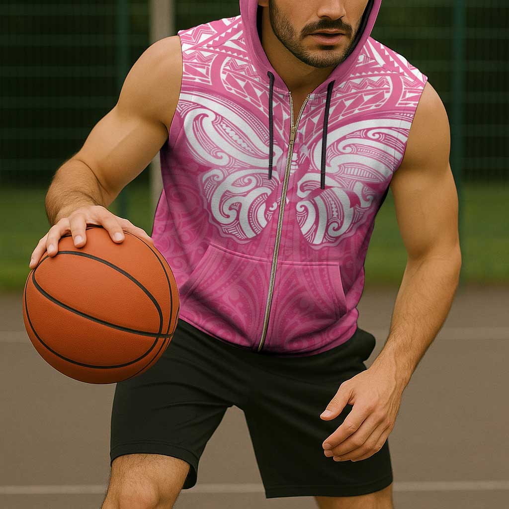 New Zealand Breast Cancer Awareness Sleeveless Zip Hoodie Maori Butterfly Pink Ribbon - Aussie Hoodie