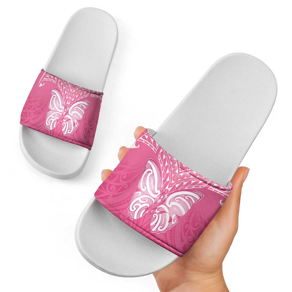 New Zealand Breast Cancer Awareness Slide Sandals Maori Butterfly Pink Ribbon - Aussie Hoodie