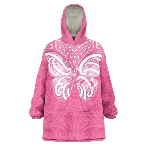 New Zealand Breast Cancer Awareness Wearable Blanket Hoodie Maori Butterfly Pink Ribbon - Aussie Hoodie