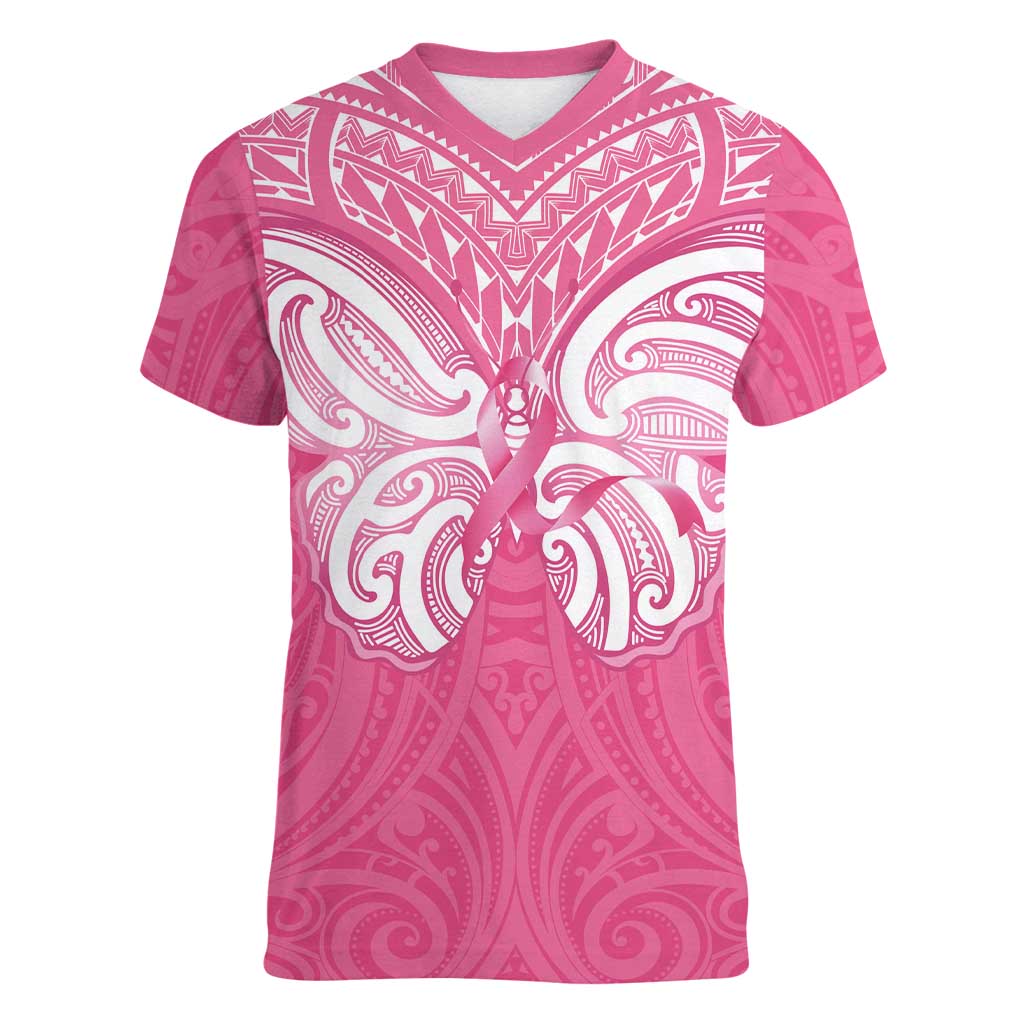 New Zealand Breast Cancer Awareness Women V-Neck T-Shirt Maori Butterfly Pink Ribbon - Aussie Hoodie