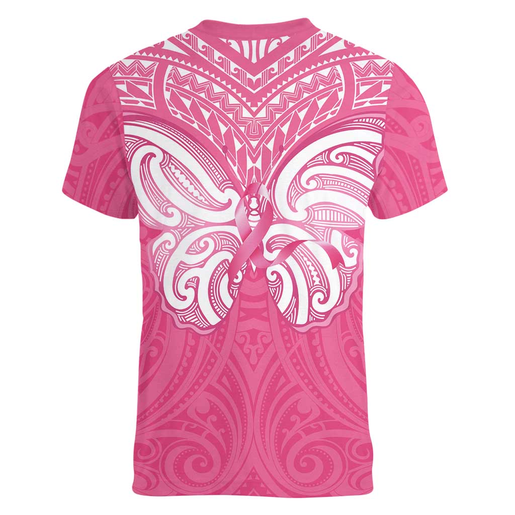New Zealand Breast Cancer Awareness Women V-Neck T-Shirt Maori Butterfly Pink Ribbon - Aussie Hoodie