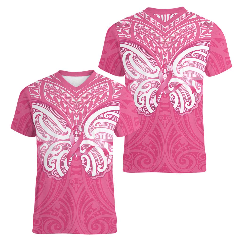 New Zealand Breast Cancer Awareness Women V-Neck T-Shirt Maori Butterfly Pink Ribbon - Aussie Hoodie