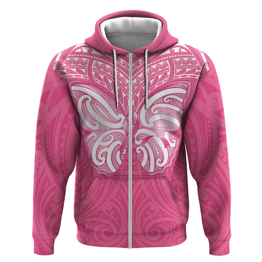 New Zealand Breast Cancer Awareness Zip Hoodie Maori Butterfly Pink Ribbon - Aussie Hoodie