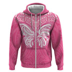 New Zealand Breast Cancer Awareness Zip Hoodie Maori Butterfly Pink Ribbon - Aussie Hoodie