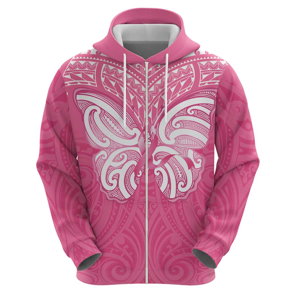 New Zealand Breast Cancer Awareness Zip Hoodie Maori Butterfly Pink Ribbon - Aussie Hoodie