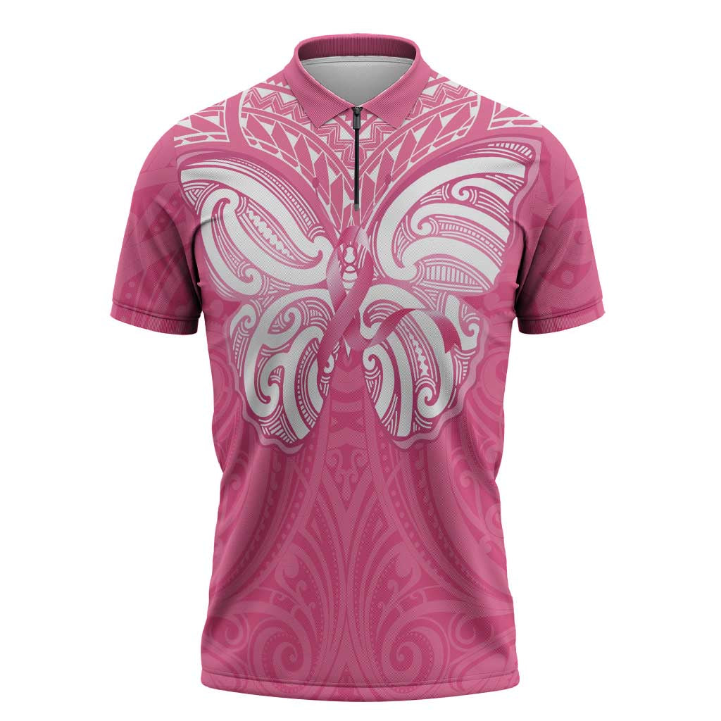 New Zealand Breast Cancer Awareness Zipper Polo Shirt Maori Butterfly Pink Ribbon - Aussie Hoodie