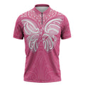 New Zealand Breast Cancer Awareness Zipper Polo Shirt Maori Butterfly Pink Ribbon - Aussie Hoodie