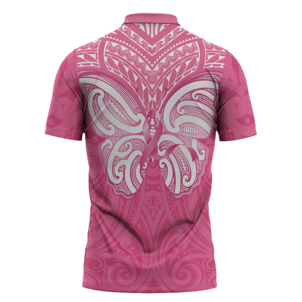 New Zealand Breast Cancer Awareness Zipper Polo Shirt Maori Butterfly Pink Ribbon - Aussie Hoodie