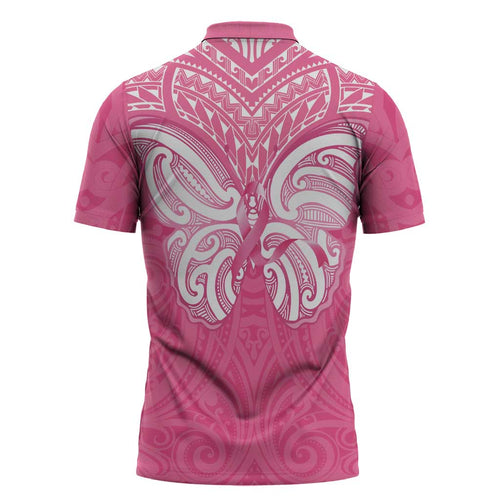 New Zealand Breast Cancer Awareness Zipper Polo Shirt Maori Butterfly Pink Ribbon - Aussie Hoodie