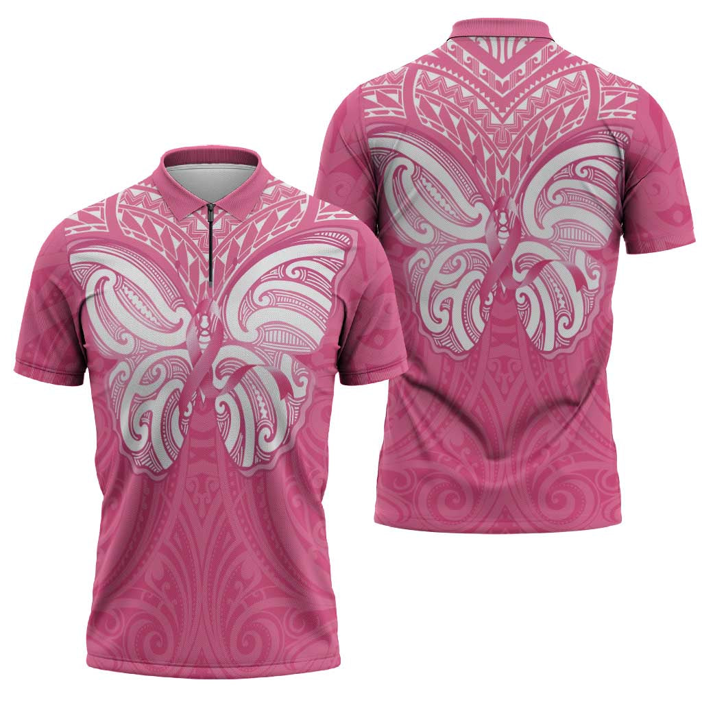 New Zealand Breast Cancer Awareness Zipper Polo Shirt Maori Butterfly Pink Ribbon - Aussie Hoodie