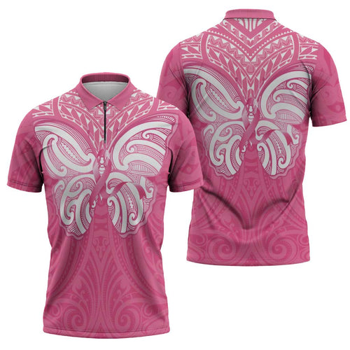 New Zealand Breast Cancer Awareness Zipper Polo Shirt Maori Butterfly Pink Ribbon - Aussie Hoodie