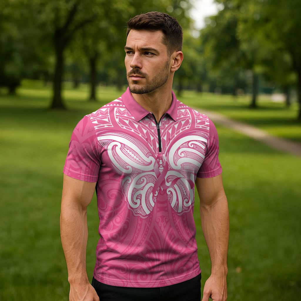 New Zealand Breast Cancer Awareness Zipper Polo Shirt Maori Butterfly Pink Ribbon - Aussie Hoodie
