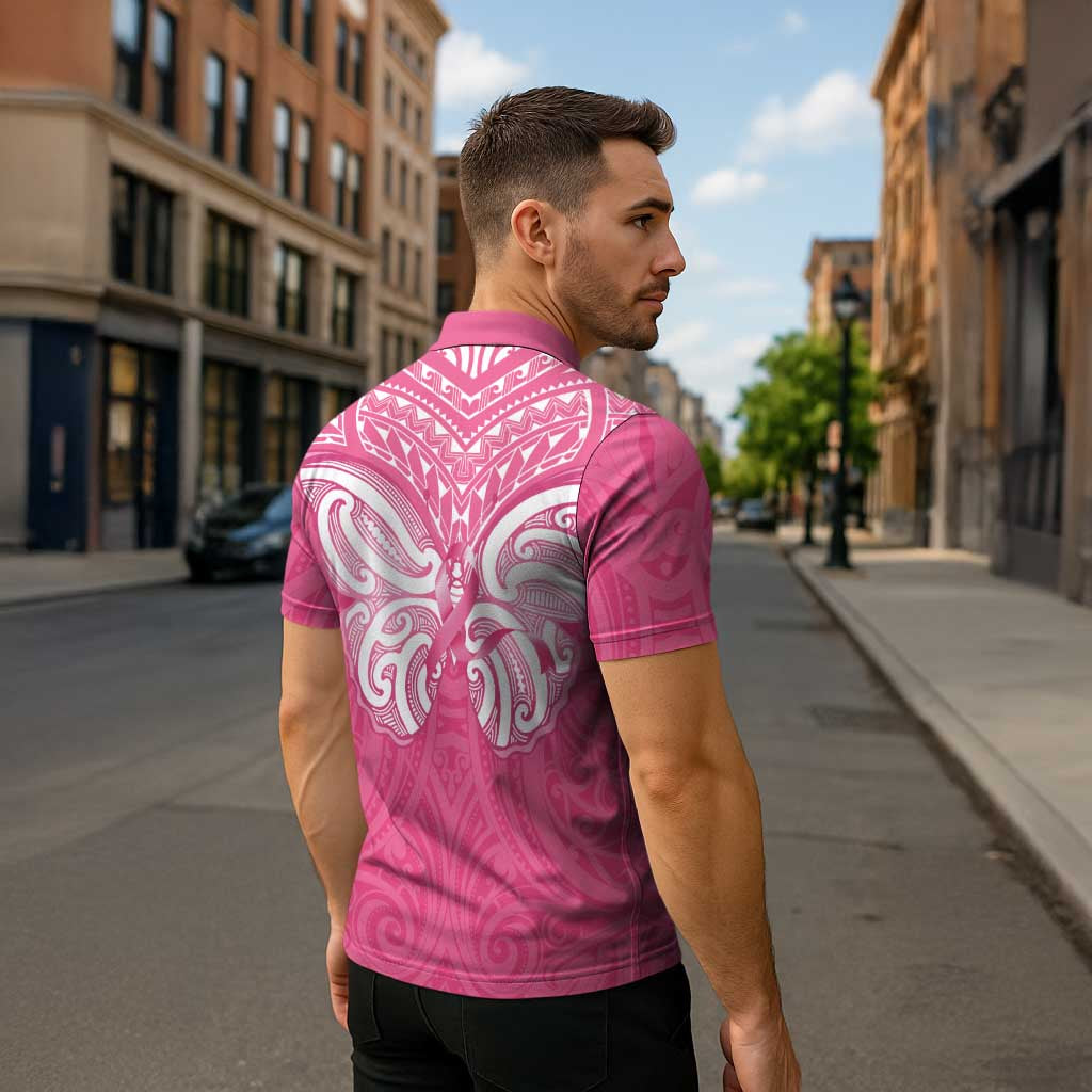 New Zealand Breast Cancer Awareness Zipper Polo Shirt Maori Butterfly Pink Ribbon - Aussie Hoodie