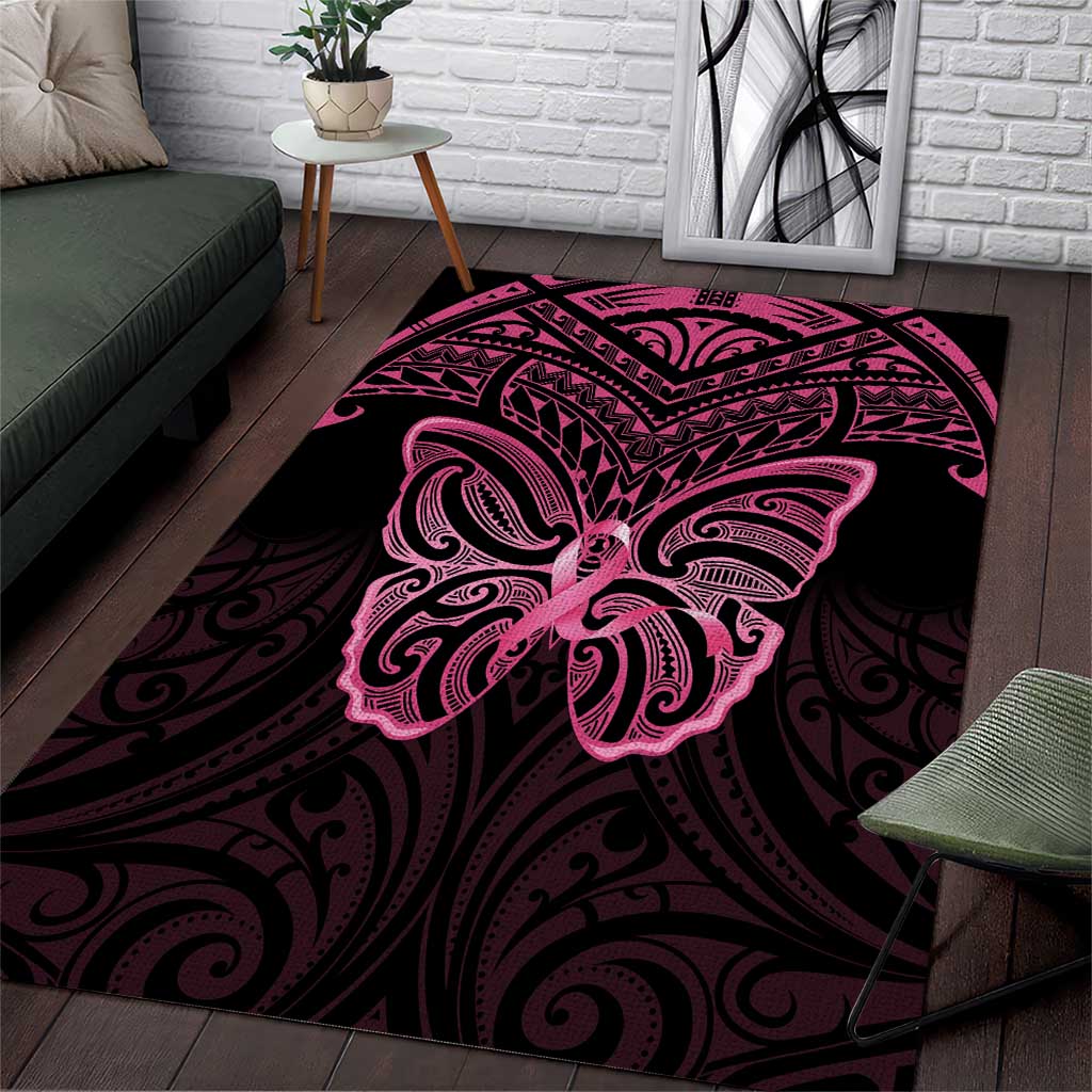 New Zealand Breast Cancer Awareness Area Rug Maori Butterfly Pink Ribbon Black Version - Aussie Hoodie