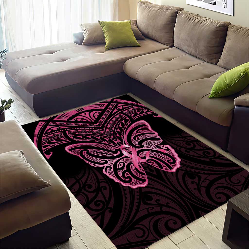 New Zealand Breast Cancer Awareness Area Rug Maori Butterfly Pink Ribbon Black Version - Aussie Hoodie