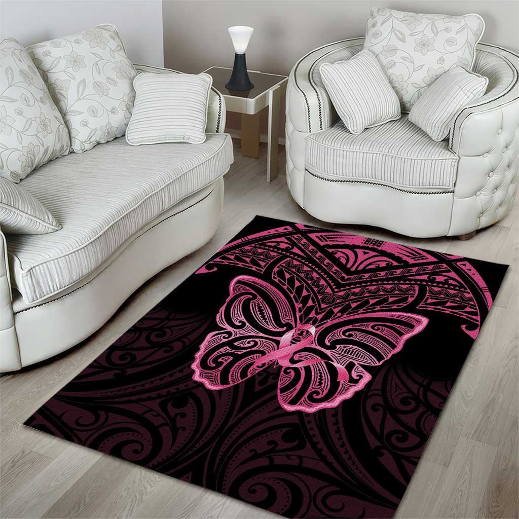 New Zealand Breast Cancer Awareness Area Rug Maori Butterfly Pink Ribbon Black Version - Aussie Hoodie