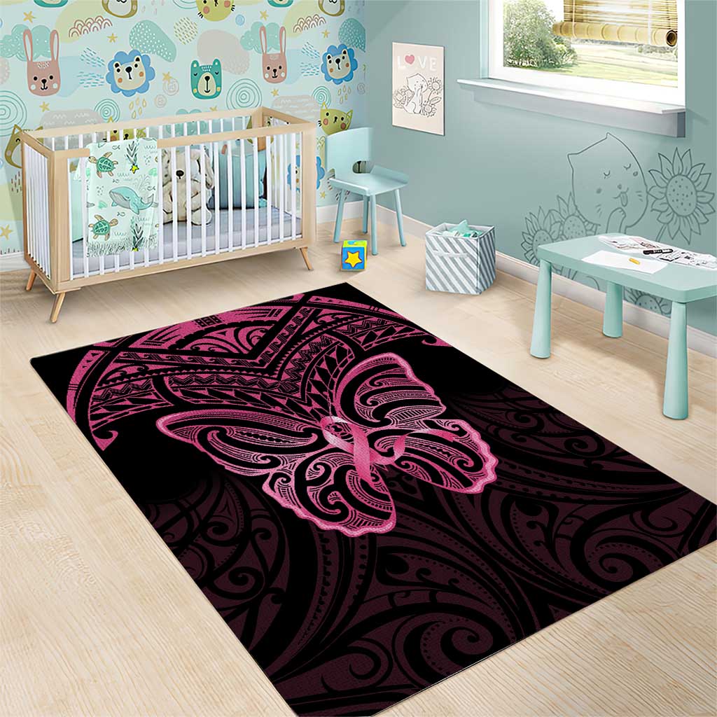 New Zealand Breast Cancer Awareness Area Rug Maori Butterfly Pink Ribbon Black Version - Aussie Hoodie