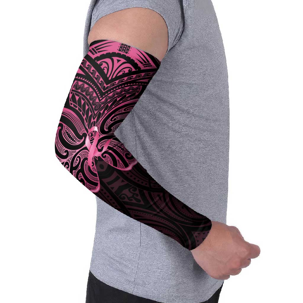New Zealand Breast Cancer Awareness Arm Sleeves Maori Butterfly Pink Ribbon Black Version - Aussie Hoodie