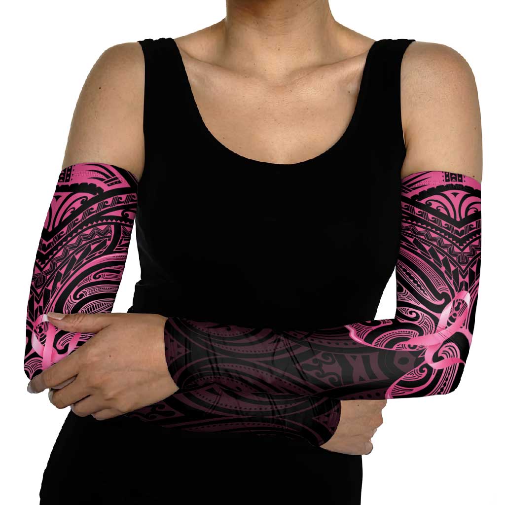 New Zealand Breast Cancer Awareness Arm Sleeves Maori Butterfly Pink Ribbon Black Version - Aussie Hoodie