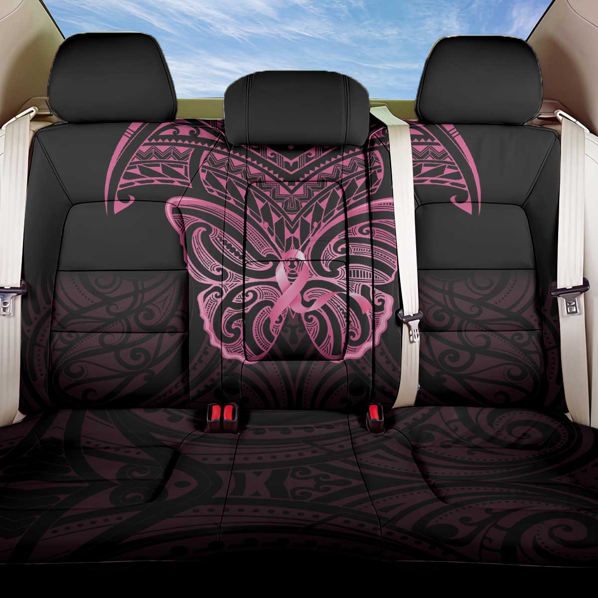 New Zealand Breast Cancer Awareness Back Car Seat Cover Maori Butterfly Pink Ribbon Black Version - Aussie Hoodie