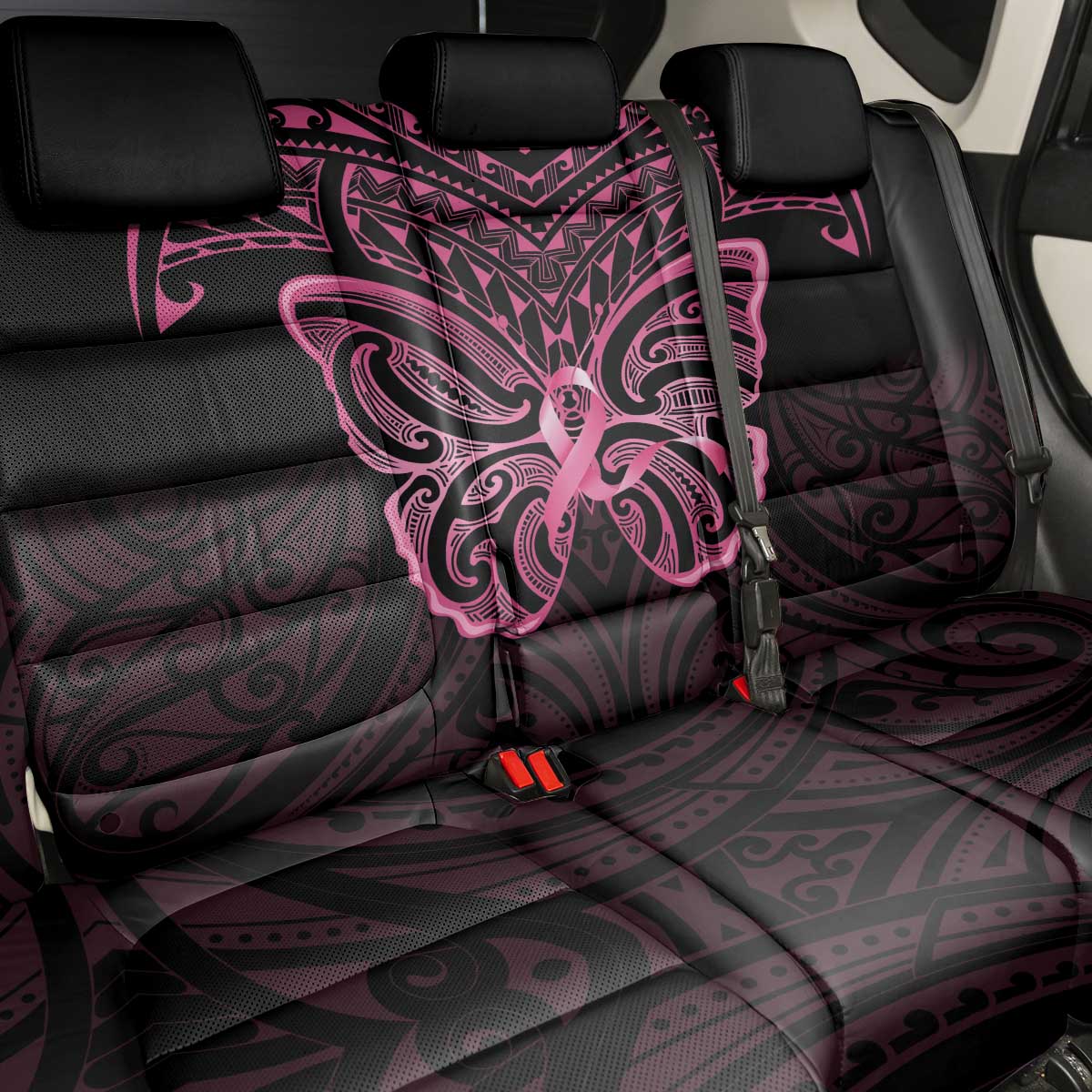 New Zealand Breast Cancer Awareness Back Car Seat Cover Maori Butterfly Pink Ribbon Black Version - Aussie Hoodie