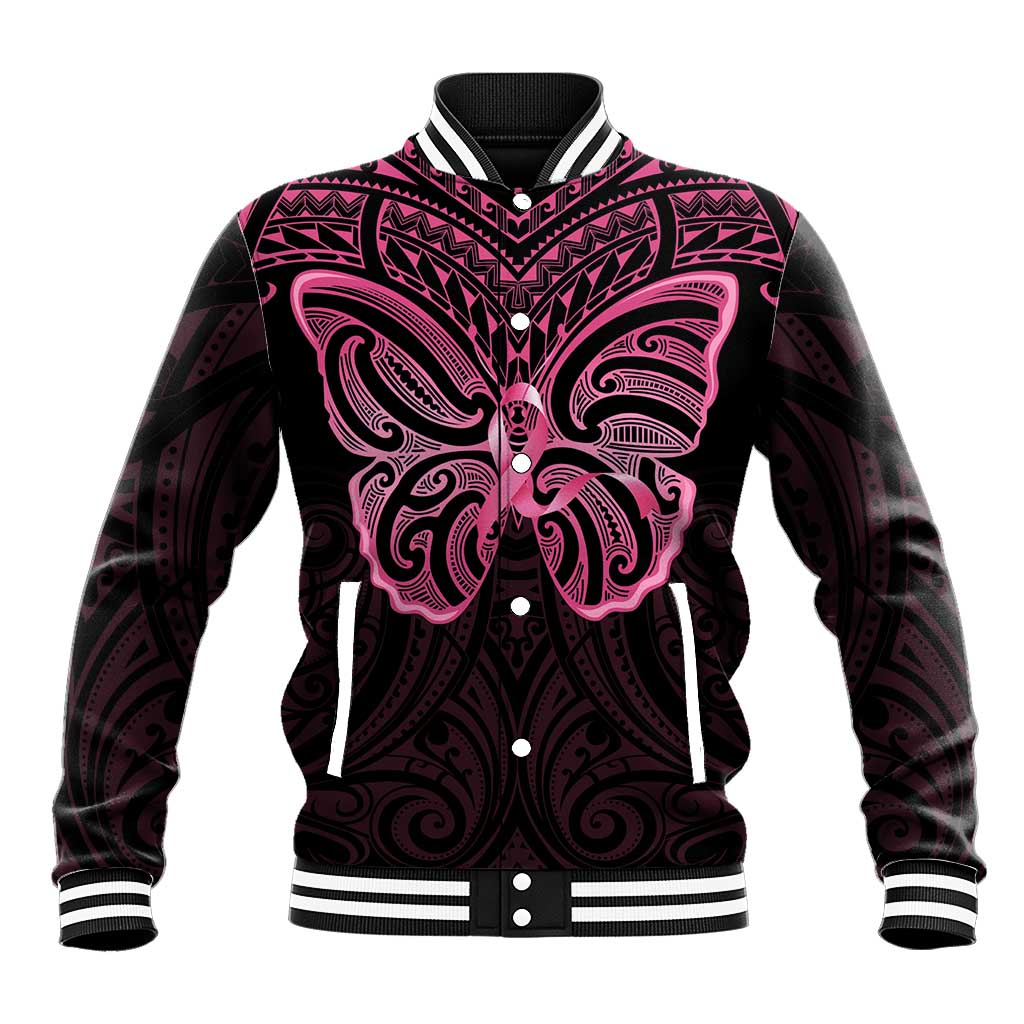 New Zealand Breast Cancer Awareness Baseball Jacket Maori Butterfly Pink Ribbon Black Version - Aussie Hoodie