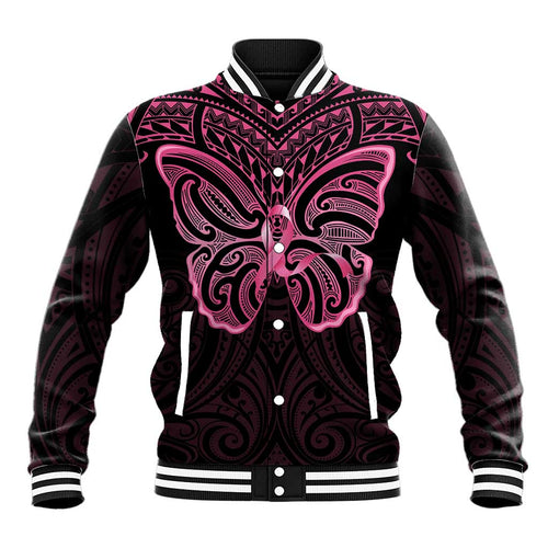 New Zealand Breast Cancer Awareness Baseball Jacket Maori Butterfly Pink Ribbon Black Version - Aussie Hoodie