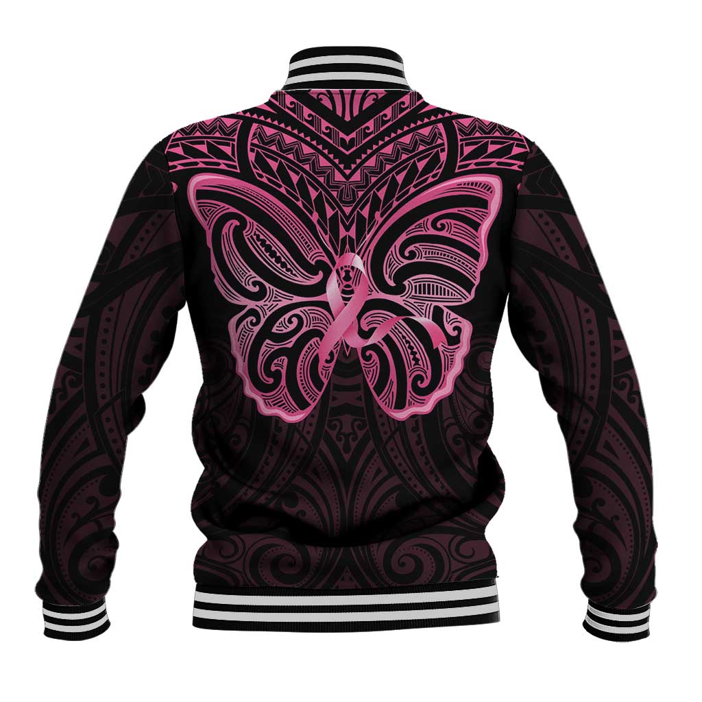 New Zealand Breast Cancer Awareness Baseball Jacket Maori Butterfly Pink Ribbon Black Version - Aussie Hoodie