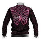 New Zealand Breast Cancer Awareness Baseball Jacket Maori Butterfly Pink Ribbon Black Version - Aussie Hoodie