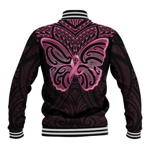 New Zealand Breast Cancer Awareness Baseball Jacket Maori Butterfly Pink Ribbon Black Version - Aussie Hoodie