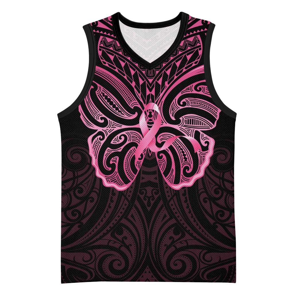 New Zealand Breast Cancer Awareness Basketball Jersey Maori Butterfly Pink Ribbon Black Version - Aussie Hoodie