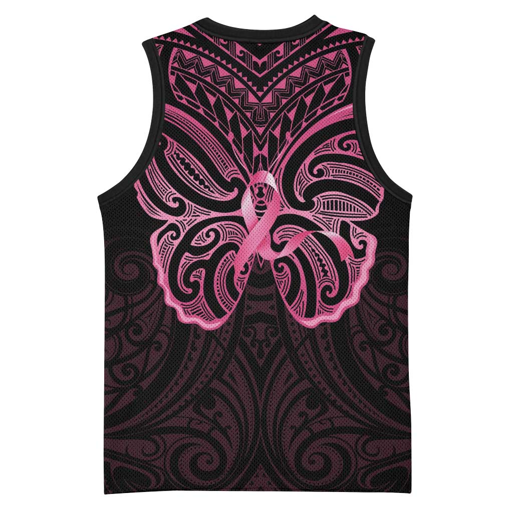 New Zealand Breast Cancer Awareness Basketball Jersey Maori Butterfly Pink Ribbon Black Version - Aussie Hoodie