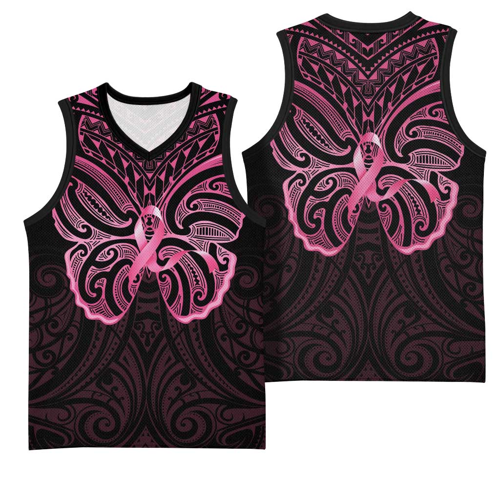 New Zealand Breast Cancer Awareness Basketball Jersey Maori Butterfly Pink Ribbon Black Version - Aussie Hoodie