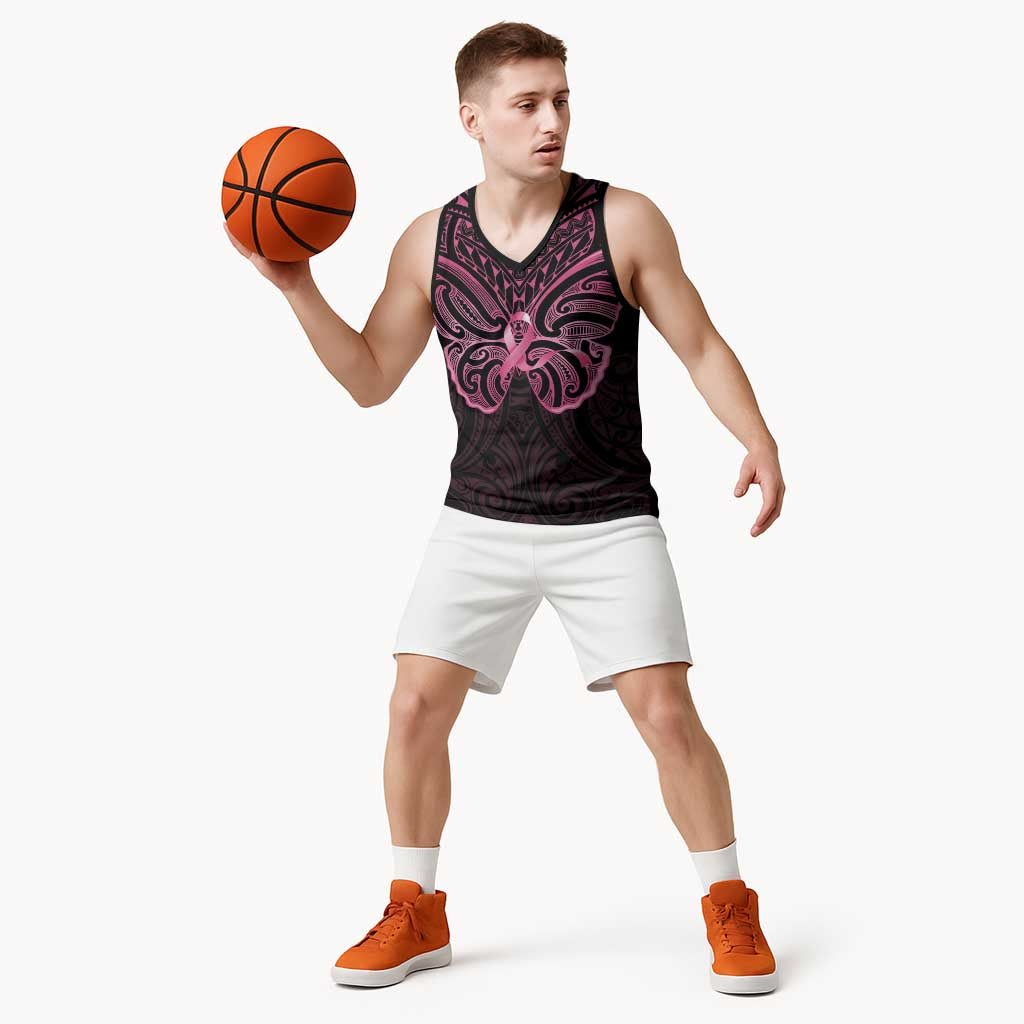 New Zealand Breast Cancer Awareness Basketball Jersey Maori Butterfly Pink Ribbon Black Version - Aussie Hoodie