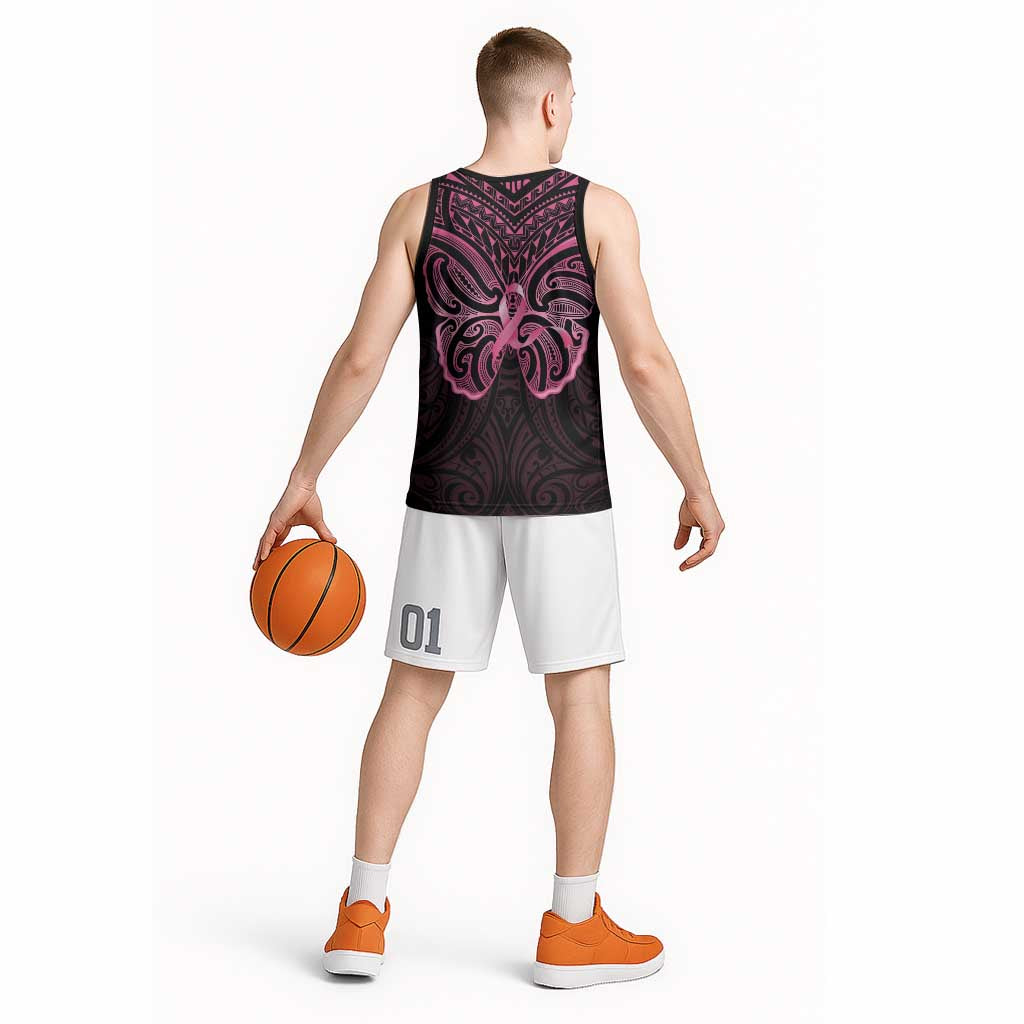 New Zealand Breast Cancer Awareness Basketball Jersey Maori Butterfly Pink Ribbon Black Version - Aussie Hoodie