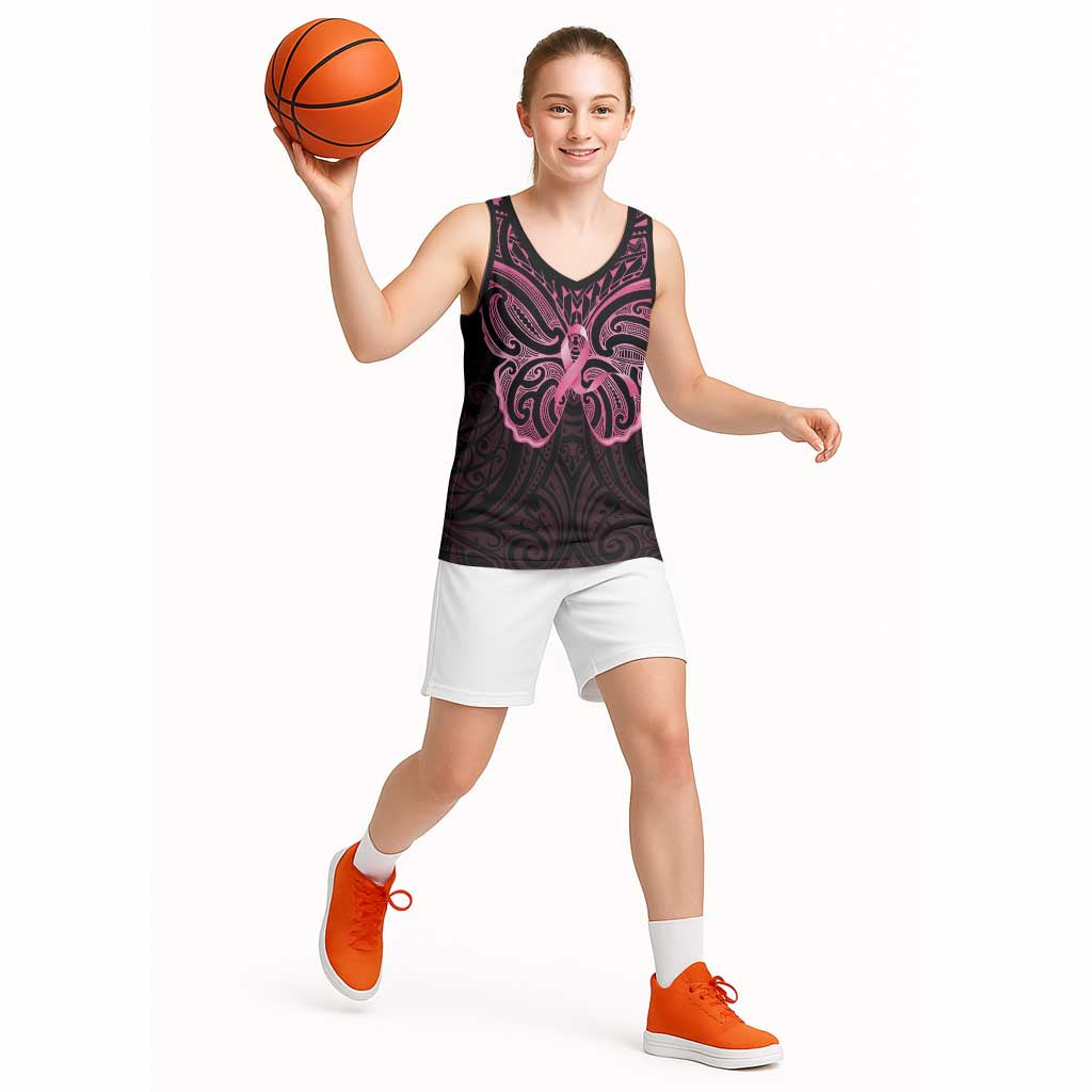 New Zealand Breast Cancer Awareness Basketball Jersey Maori Butterfly Pink Ribbon Black Version - Aussie Hoodie