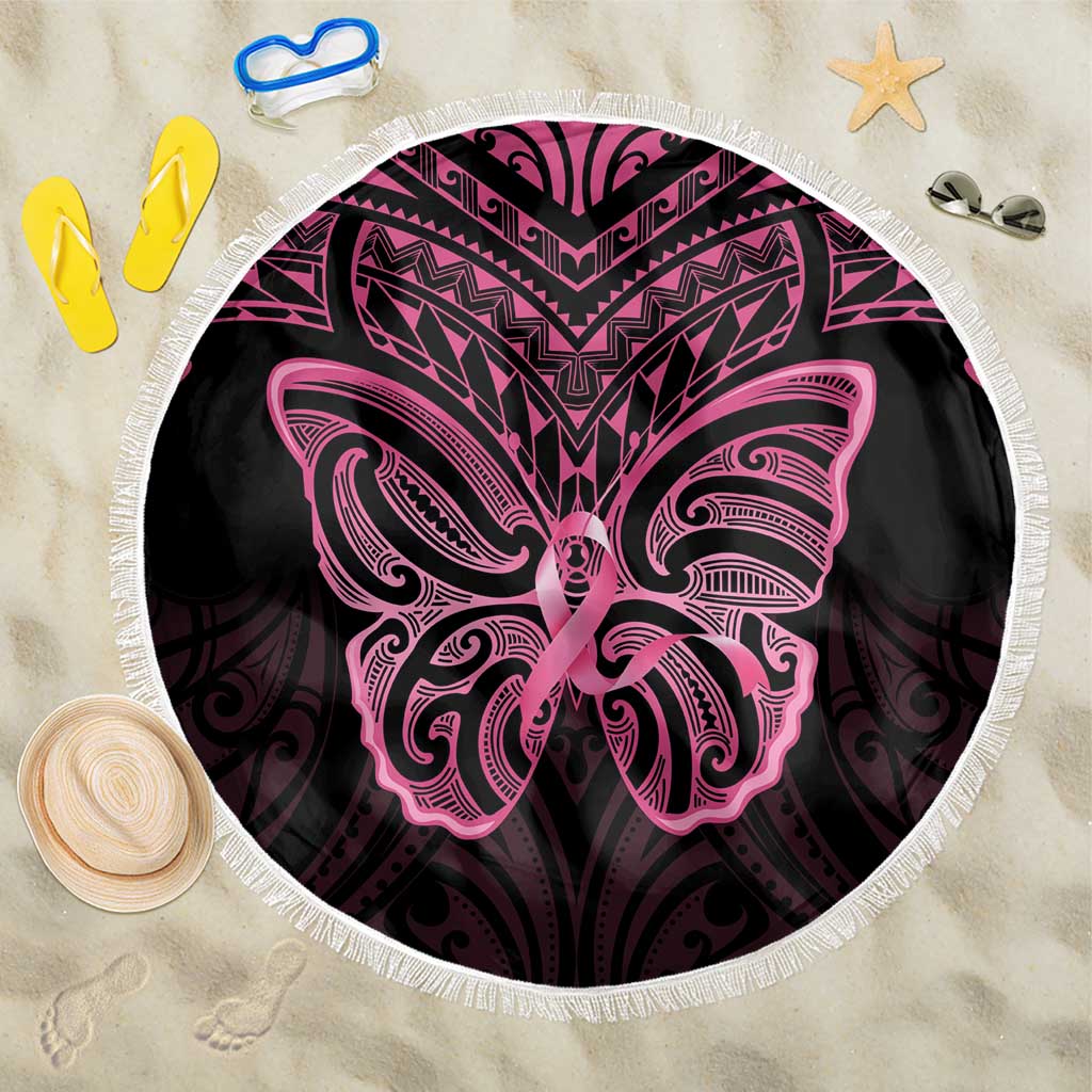 New Zealand Breast Cancer Awareness Beach Blanket Maori Butterfly Pink Ribbon Black Version - Aussie Hoodie