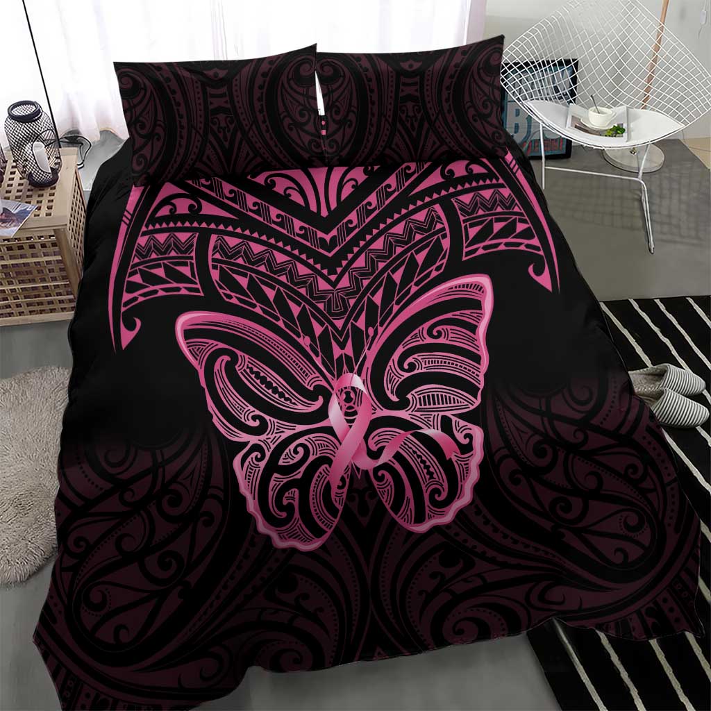 New Zealand Breast Cancer Awareness Bedding Set Maori Butterfly Pink Ribbon Black Version - Aussie Hoodie