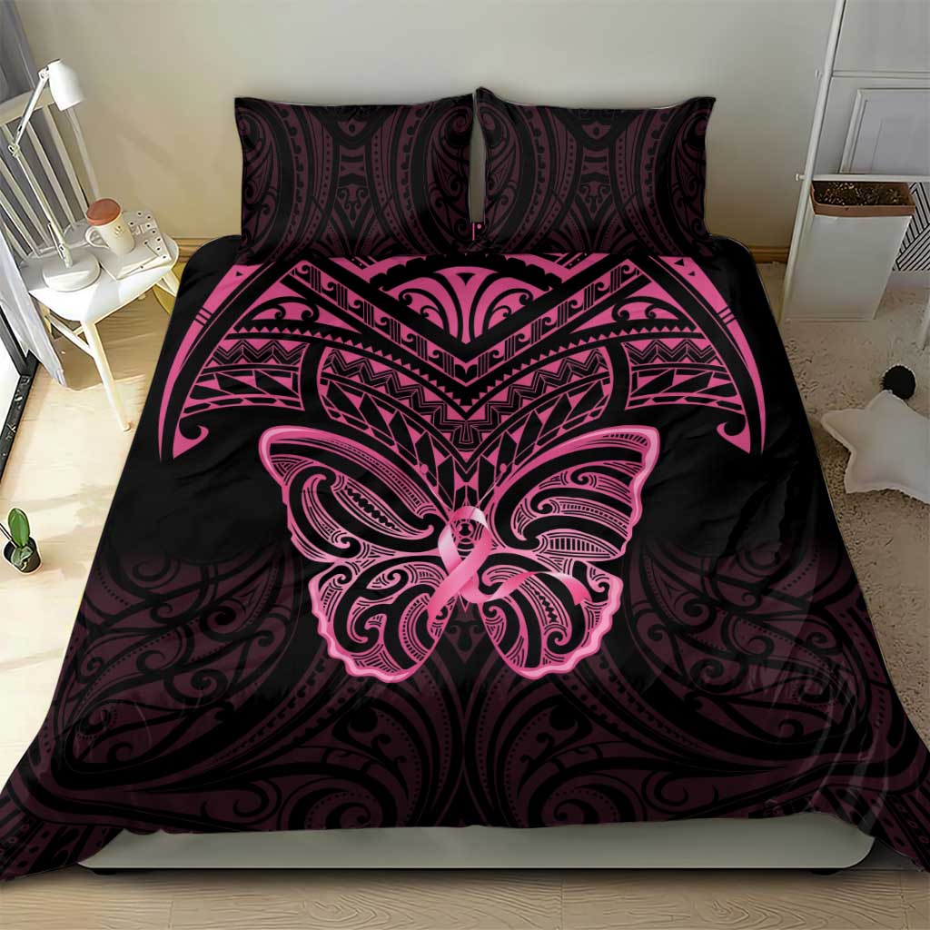 New Zealand Breast Cancer Awareness Bedding Set Maori Butterfly Pink Ribbon Black Version - Aussie Hoodie