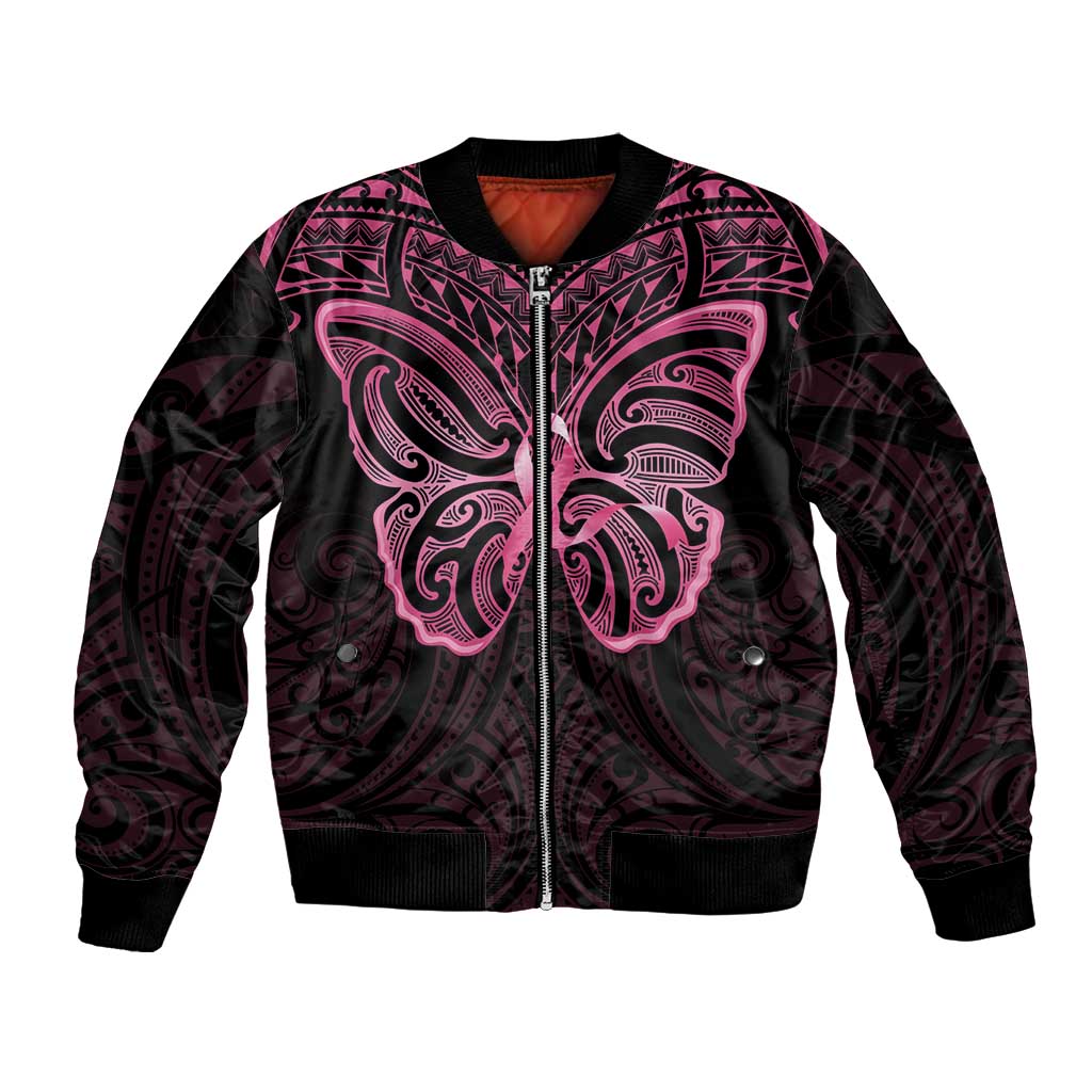 New Zealand Breast Cancer Awareness Bomber Jacket Maori Butterfly Pink Ribbon Black Version - Aussie Hoodie