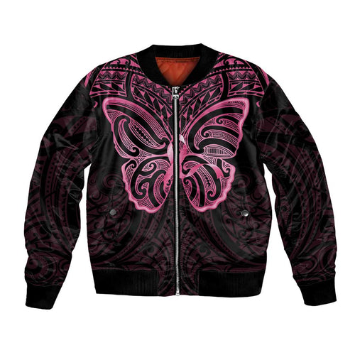 New Zealand Breast Cancer Awareness Bomber Jacket Maori Butterfly Pink Ribbon Black Version - Aussie Hoodie
