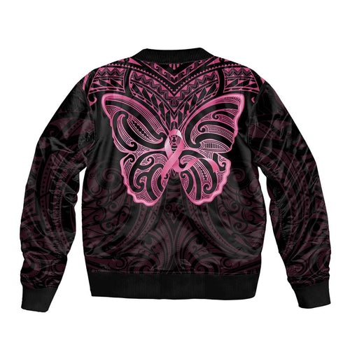 New Zealand Breast Cancer Awareness Bomber Jacket Maori Butterfly Pink Ribbon Black Version - Aussie Hoodie