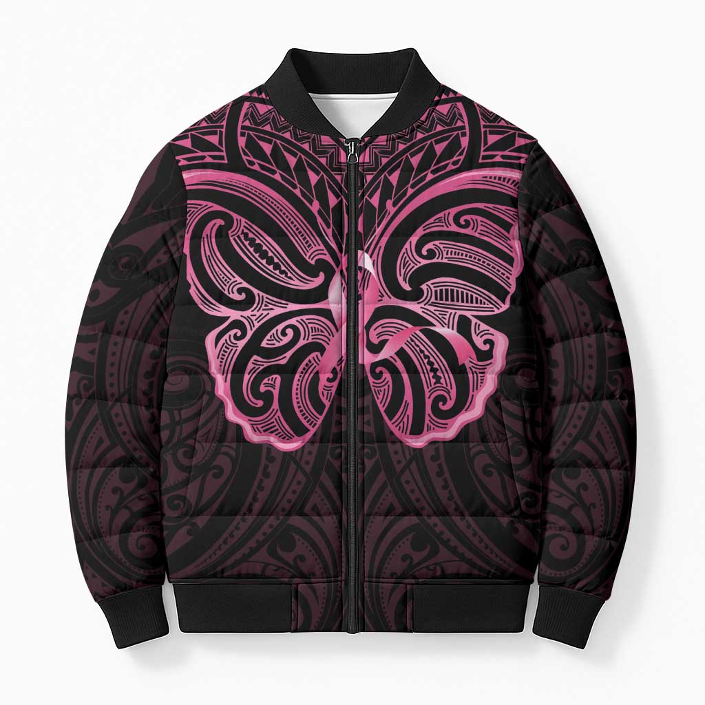 New Zealand Breast Cancer Awareness Bomber Puffer Jacket Maori Butterfly Pink Ribbon Black Version - Aussie Hoodie