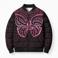 New Zealand Breast Cancer Awareness Bomber Puffer Jacket Maori Butterfly Pink Ribbon Black Version - Aussie Hoodie
