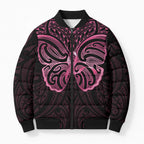 New Zealand Breast Cancer Awareness Bomber Puffer Jacket Maori Butterfly Pink Ribbon Black Version - Aussie Hoodie
